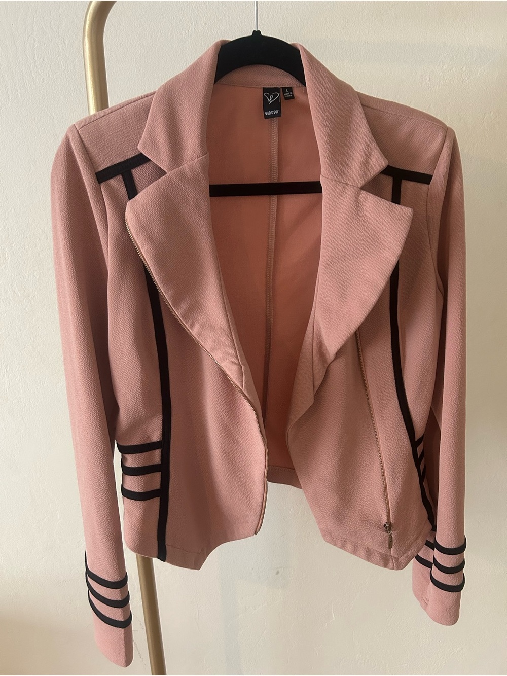 Windsor Blush Pink Moto Jacket Cropped Black Trim Zip Up Chic Women M